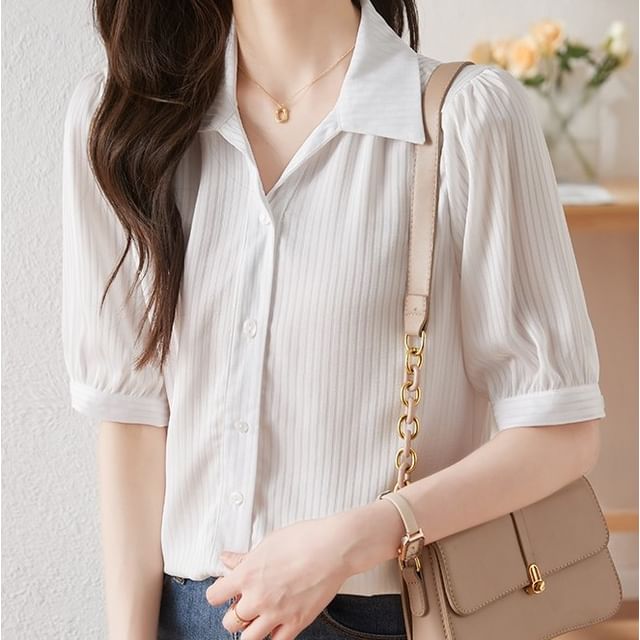 Dragan Pulse-Short-Sleeve Collared Plain Blouse