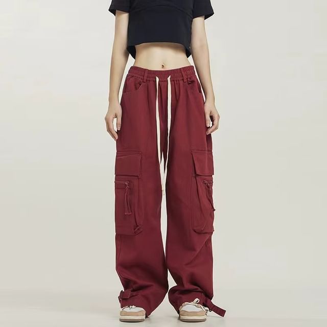Dovitade-Mid Waist Plain Cargo Straight Leg Pants