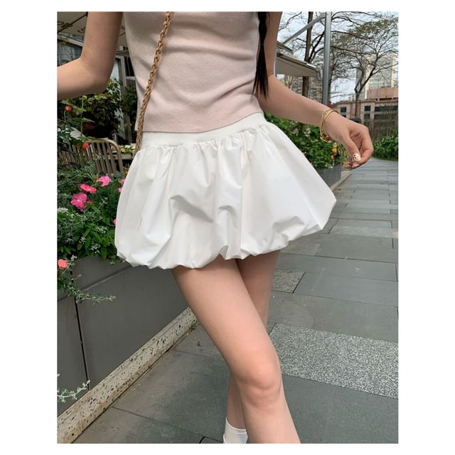 Beem-Elastic Waist Plain Paperbag Mini Skirt