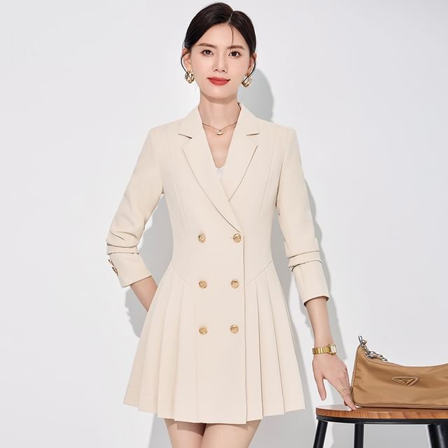 open lace back dress Tweed Double Breasted Pleated Hem Blazer Dress - Blackandwhite