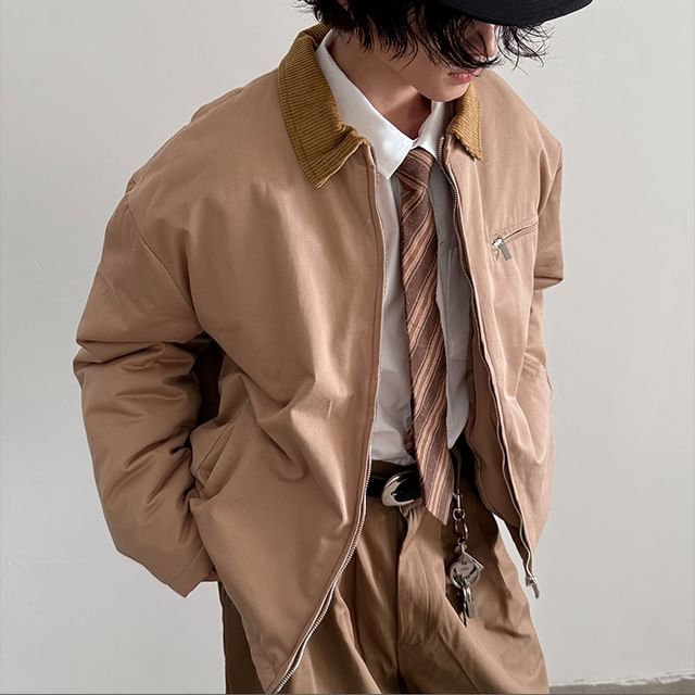 Nahagin-Contrast Collar Zip-Up Jacket