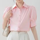 Kira Kira - Puff-Sleeve Collared Button-Up Plain Blouse | YesStyle