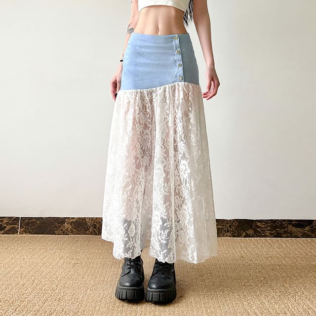 Allinya - Mid Rise Denim Panel Buttoned Lace Maxi A-Line Skirt
