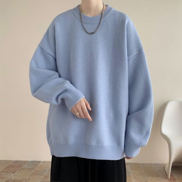 Bay Go Mall-Long-Sleeve Crew Neck Plain Sweater