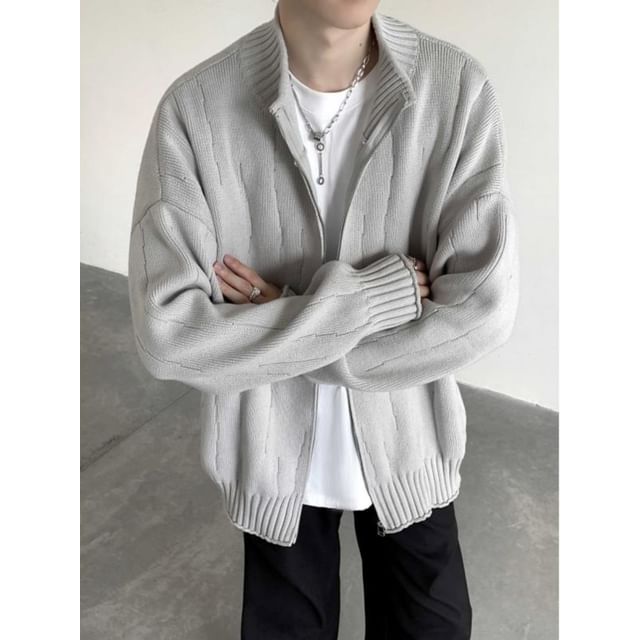 Real Boy-Stand Collar Plain Zip Cardigan