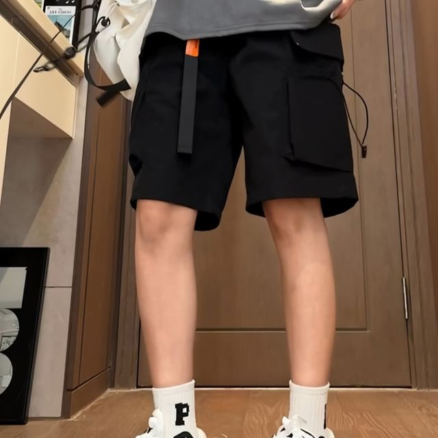 Naideth-Elastic Waist Plain Cargo Shorts