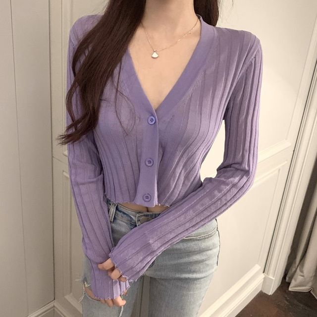 MIKIGA-V-Neck Plain Cropped Cardigan