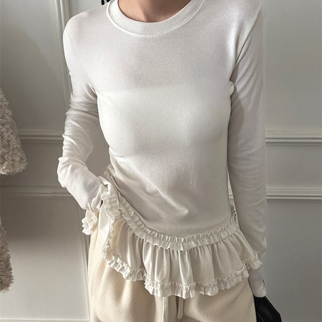 Jesong-Long Sleeve Round Neck Plain Ruffle Tee