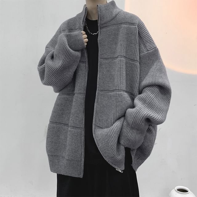 Phoneus-Stand Collar Plain Striped Ribbed Knit Zip Cardigan