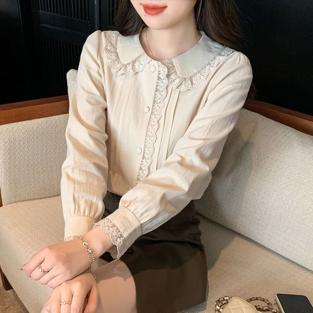 Dragan Pulse-Long Sleeve Collared Plain Panel Lace Blouse