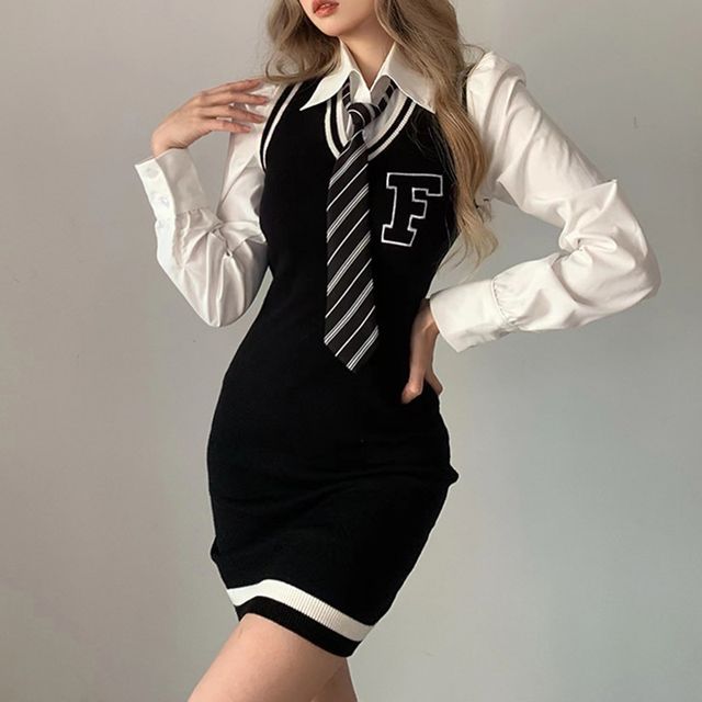 White Shirt Dress With Sweater Vest Genrovia Set: V-Neck Lettering