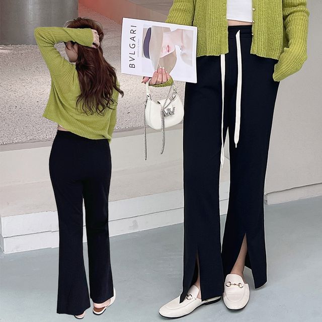 Telipino-High Rise Plain Slit Straight Leg Pants