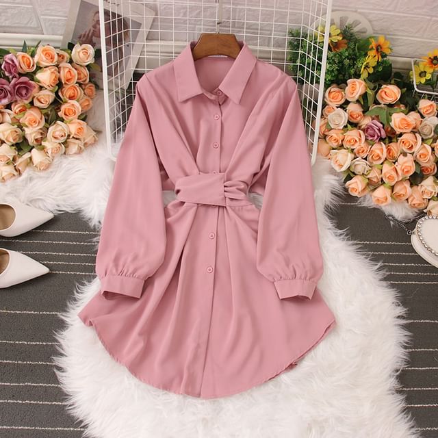 Yolandus - Long-Sleeve Plain Tie Back Button-Up Mini A-Line Shirt Dress | YesStyle Yolandus - Long-Sleeve Plain Tie Back Button-Up Mini A-Line Shirt Dress | YesStyle