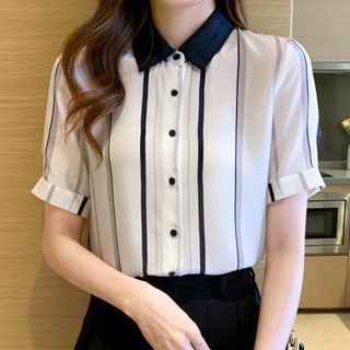 Dragan Pulse Short-Sleeve Striped Chiffon Shirt Sale