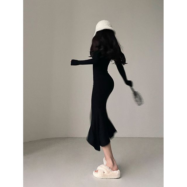 RainGirl - Long-Sleeve Turtleneck Plain Midi Mermaid Dress | YesStyle