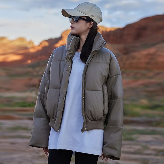Sienne-Stand Collar Plain Zip Puffer Jacket