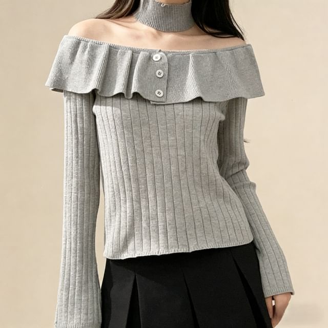 Lemongrass-Ruffled Off-Shoulder Knit Top with Choker