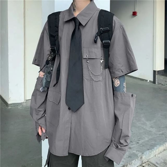 Sisyphi-Detachable Sleeve Plain Button-Up Cargo Shirt Chain Necktie Set