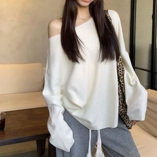 Beem-Long-Sleeve Off-Shoulder Plain Knit Top
