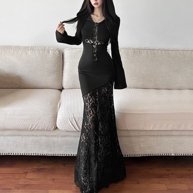 Sugarcoat - Flared-Sleeve Plain Hooded Lace Panel Maxi Mermaid Dress | YesStyle Sugarcoat - Flared-Sleeve Plain Hooded Lace Panel Maxi Mermaid Dress | YesStyle