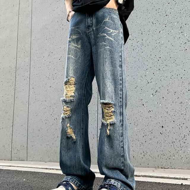 emeisa-Mid Rise Distressed Washed Bootcut Jeans