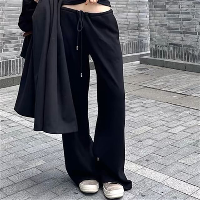 Asiris-Drawstring Waist Plain Wide Leg Sweatpants