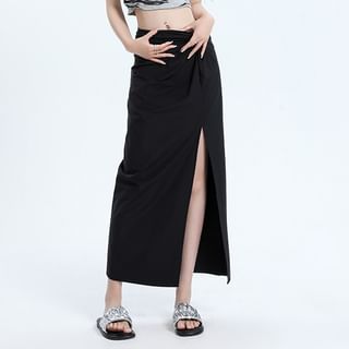 Litoya-Mid Rise Plain Side-Slit Maxi Pencil Skirt