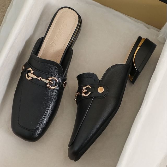Anran-Square Toe Horsebit Chunky Heel Loafer Mules