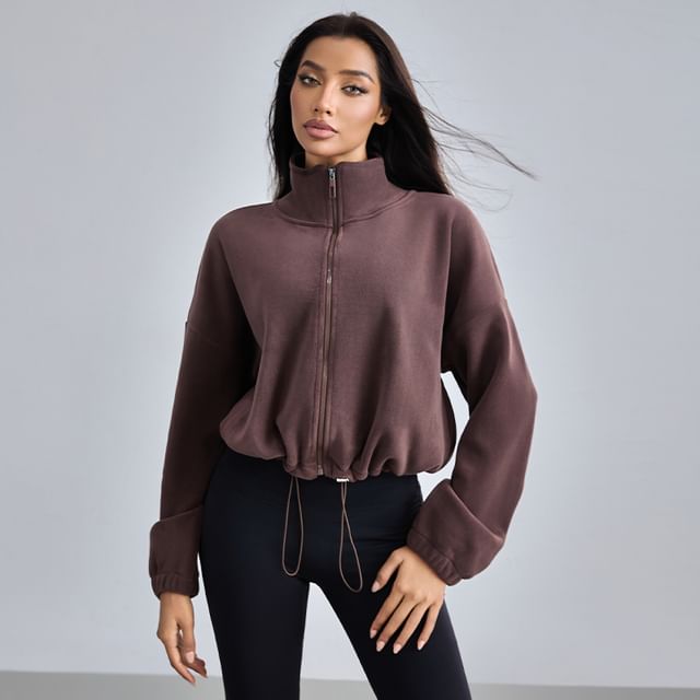 KUMI-Stand Collar Plain Fleece Zip Jacket