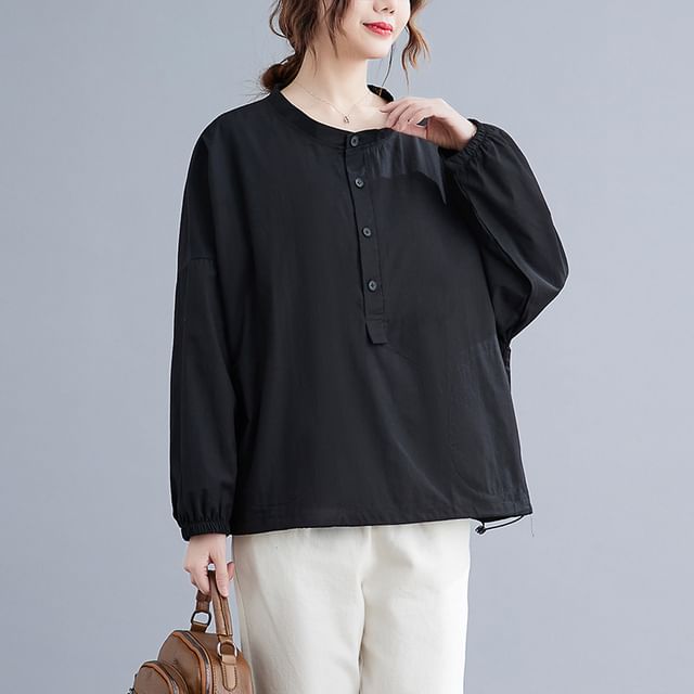 Lewwe-Long-Sleeve Crew Neck Plain Blouse