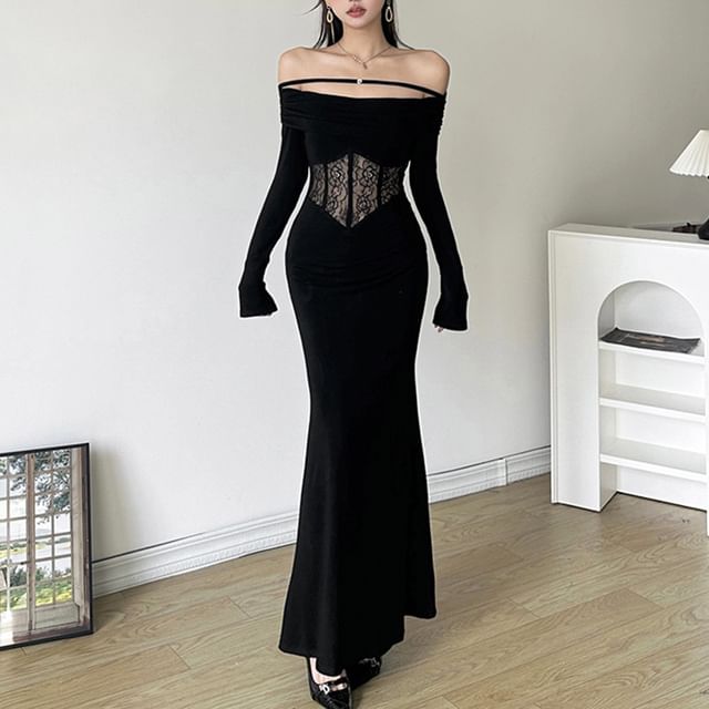 fitted lace wedding dress Coastline Corset Dress | Dusty Blue Long Sleeve main image 0