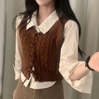 Maisee Plain Shirt Lace-Up Cable-Knits Sweater Vest