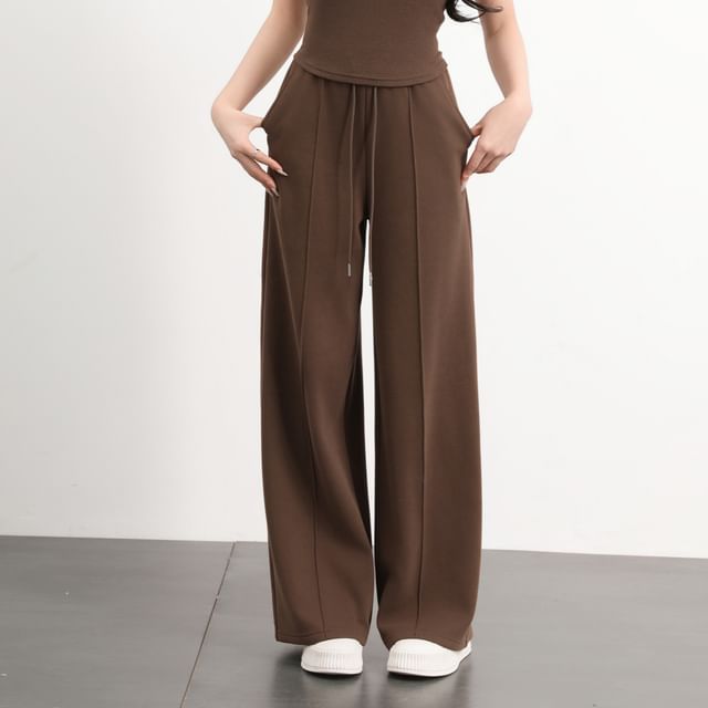 Magimomo-Drawstring Waist Plain Wide Leg Sweatpants