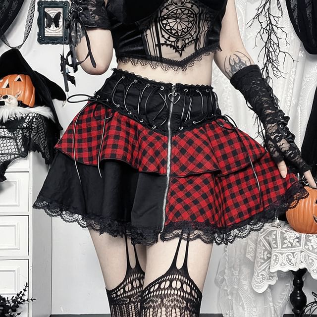 meadowdrop-Low Waist Plaid Panel Mini A-Line Skirt