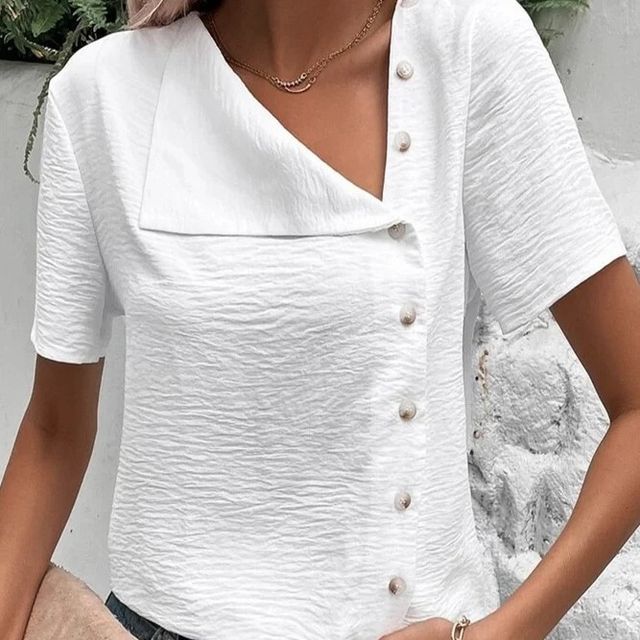 Grizelda-Short-Sleeve Buttoned Plain Blouse