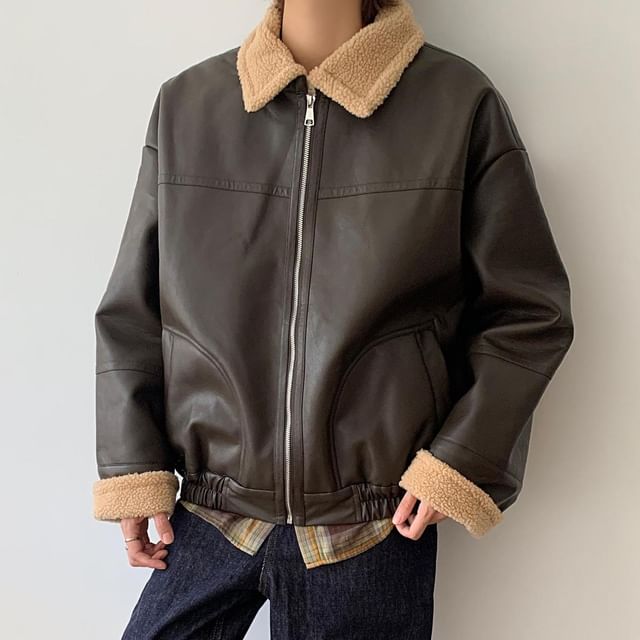 Omozando-Collar Fleece-Lined Faux Leather Zip Aviator Jacket