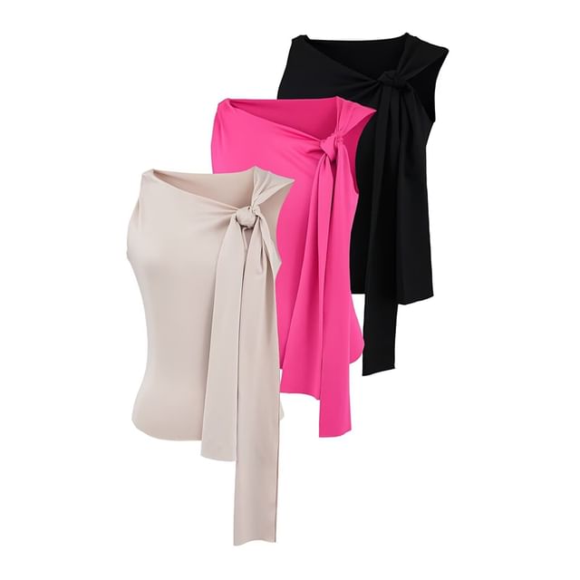 Ulark-Asymmetrical Neck Plain Knot Tank Top