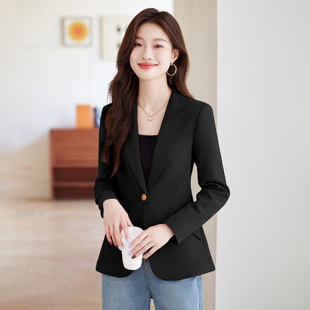 Skyheart-Peak Lapel Plain Single-Button Blazer