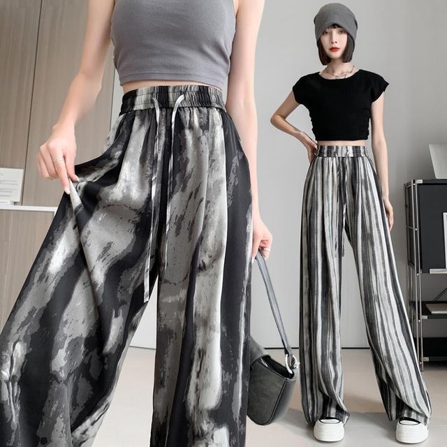 Jaqmine - High-Waist Drawstring Tie Dye Wide-Leg Pants(Various