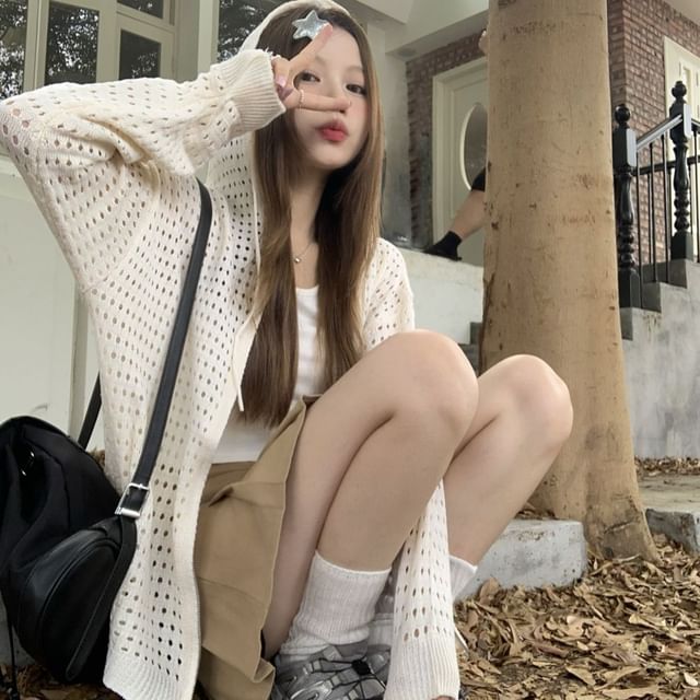Moon City-Plain Pointelle Zip Top