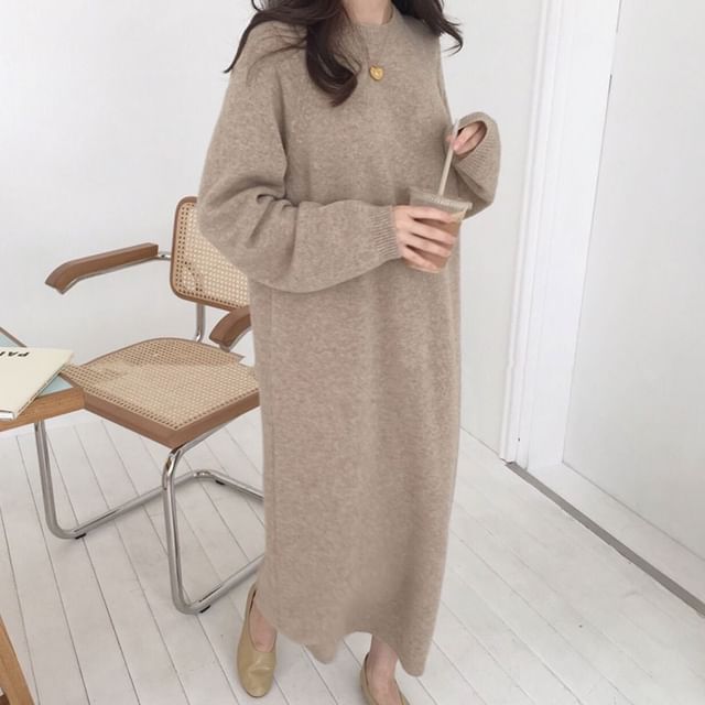 Coris-Long-Sleeve Crew Neck Plain Midi Shift Sweater Dress
