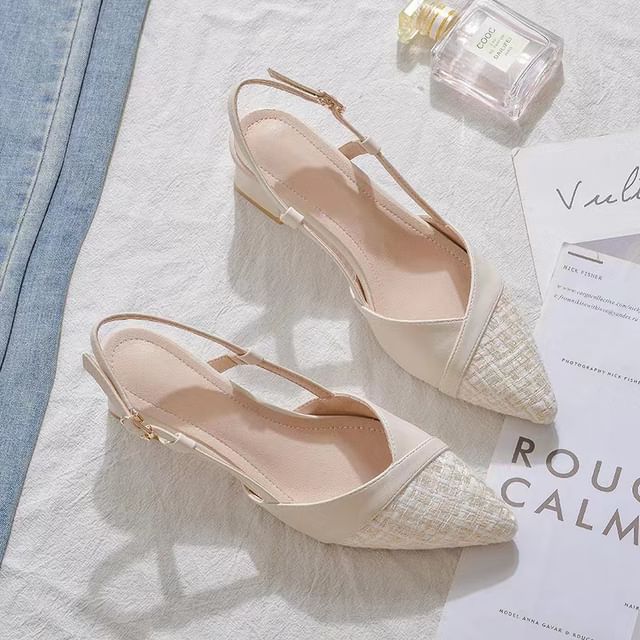 Anran-Pointed Toe Slingback Panel Tweed Block Heel Pumps