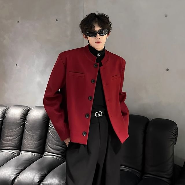 emeisa-Stand Collar Plain Button Blazer
