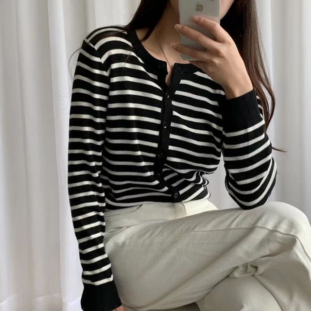 MIKIGA-Striped Button-Up Cardigan