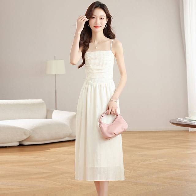 Sienne-Spaghetti Strap Plain Ruched Midi A-Line Dress