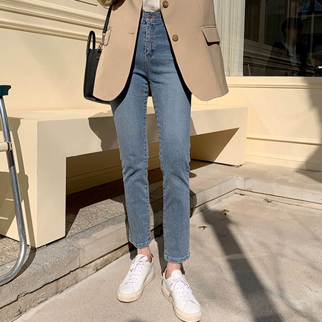 Denimot-Mid Rise Washed Straight Leg Jeans