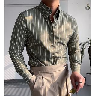 Nightbell-Collared Striped Button Down Shirt