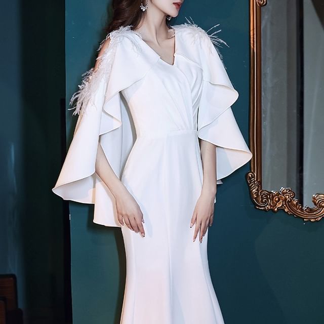 Destine - Cape Sleeve Cold Shoulder V-Neck Plain Feather Trim Mermaid Evening  Dress | YesStyle