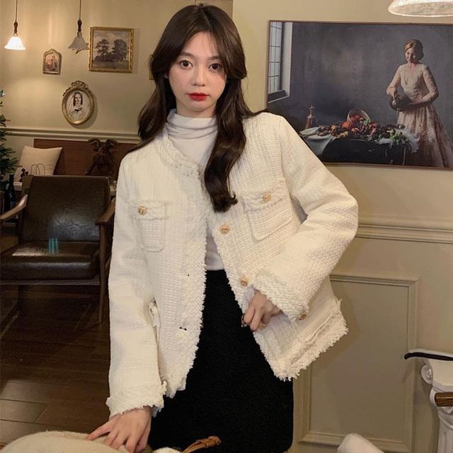 Sienne-Round Neck Plain Tweed Button Jacket