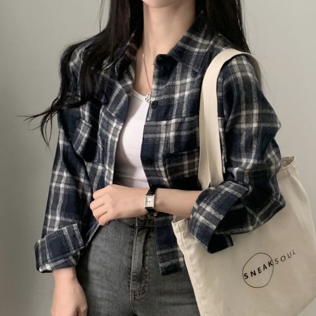 innomori-Collared Plaid Shirt Jacket